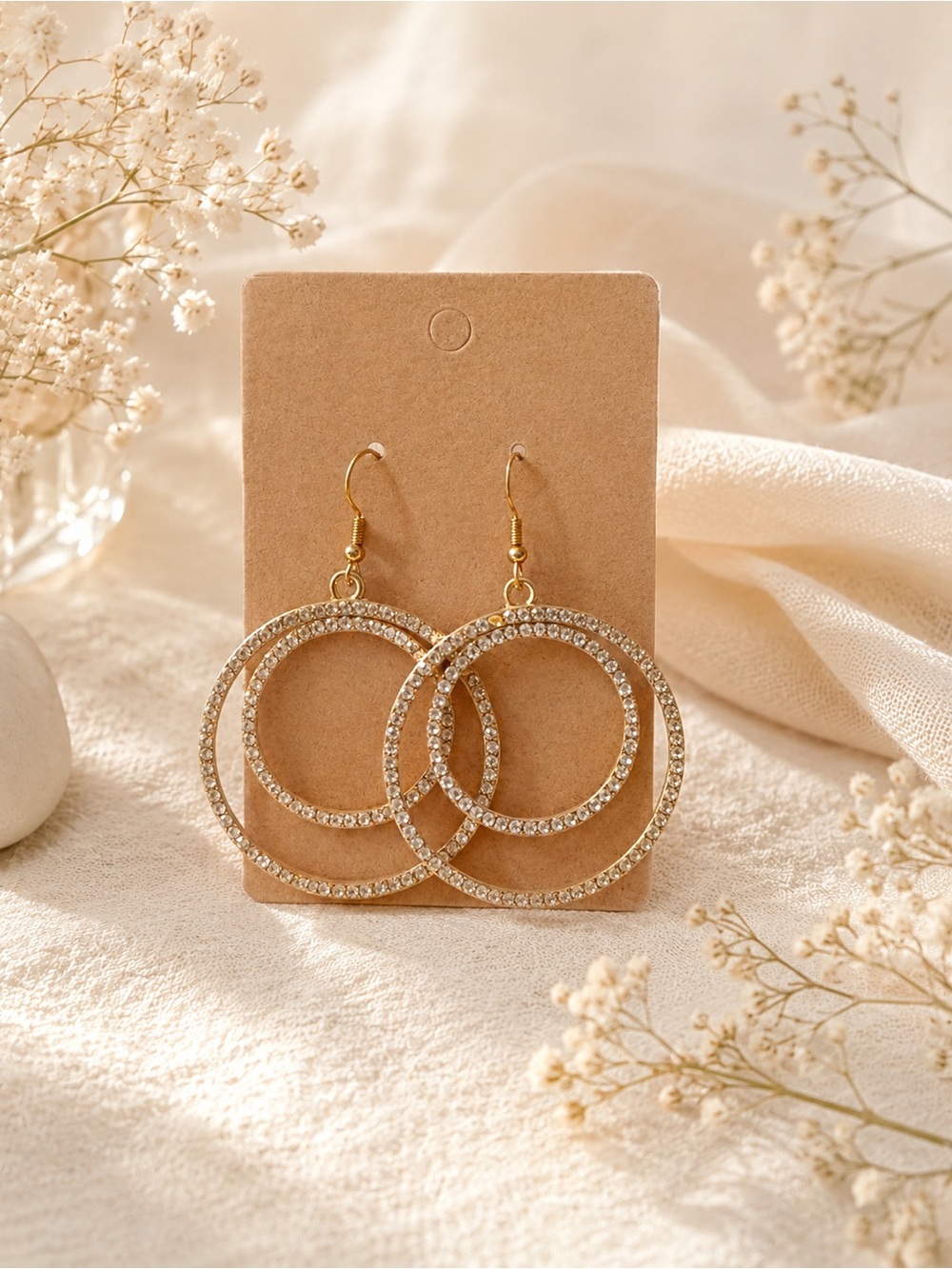Gold Crystal Double Hoop Drop Earrings - Women Fashion Jewelry NWOT